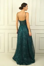 İp Askılı Boncuk Detaylı Astarlı Pul Ve Simli Balenli Uzun Elbise