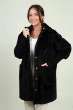 Kadın Kapüşonlu Önü Düğmeli Astarlı Kolları Ribanalı Angora Kaban