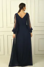 V Yaka Önü Drapeli Astarlı Kolları Tül Güpür Detaylı Geniş Beden Aralıklı Şifon Uzun Elbise