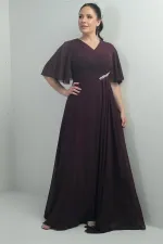 Robe longue en mousseline pour femme, grande taille, col en V, ceinture ornée de pierres, drapée et doublée