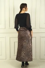 Jupe longue en satin imprimé léopard à taille élastique pour femme