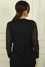 Kadın V Yaka Yarısı Şeritli Kolları Şifon Kazak