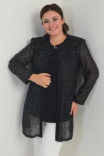 Ensemble deux pièces grande taille : chemisier à manches longues en lycra pour femme et veste en mousseline à pois dorés.