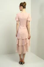 Kadın Kruvaze Yaka Arkası Fermuarlı Katkat Pileli Şifon Elbise