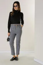 Bel Lastikli Kemerli Yandan Cepli Ekose Dar Paça Pantolon