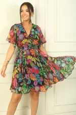Fresh Pattern Chiffon Short Dress with Double Breasted Collar, Flounce Sleeves, Lined Waist Belt