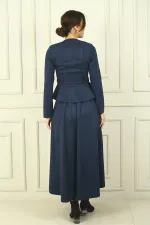 Women's Front Zippered Waist Belted Jacket Elastic Long Skirt 2-Piece Suede Set