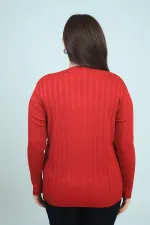 Chemisier grande taille à rayures et imprimé pierre sur le devant, col en V, en maille côtelée à fil froid.