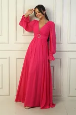 Kadın V Yaka Beli Tokalı Astarlı Şifon Uzun Abiye Elbise