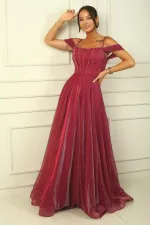 Strappy, Dropped Sleeve, Beaded Detail, Lined, Glittery Long Dress