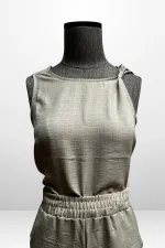 Kadın  Toka Detaylı Eteği Asimetrik Bluz Beli Lastikli Cepli Palazzo Pantolon Keten 2'li Takım