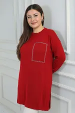 Kadın Önü Tek Cepli Taş Baskı Detaylı Büyük Beden TrikoTunik Bluz