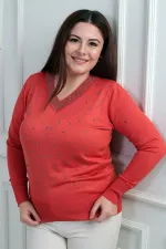 Chemisier en maille grande taille à col en V pour femme, orné de pierres et de fils froids.