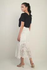 Kadın Beli Lastikli Astarlı Dantel Fisto Midi Etek