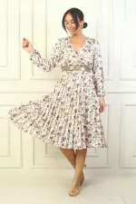 Women's Wrap Neckline Belted Lined Pleated Floral Satin Dress