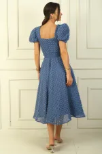 Balloon Sleeve Midi Length Lined Waist Belted Patchwork Fabric Dress
