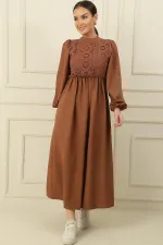 Güpürlü Keten Efekt Uzun Elbise