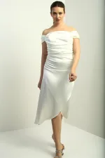 Women's Madonna Neckline Draped Asymmetrical Satin Short Dress