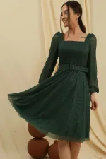 Square Neck Belted Balloon Sleeve Lined Glittery Dress