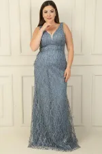 Kadın Ön Arka V Yaka Astarlı Boncuk Detaylı Büyük Beden Pulpayet Uzun Elbise