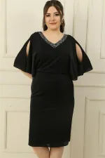 Front and Back Embellished V-Neck Lined Low-Cut Batwing Sleeve Glittery Plus Size Dress