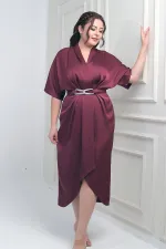 Women's Wrap Neck Short Batwing Sleeve Double Pleated Crepe Satin Plus Size Midi Designer Dress