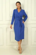 Kadın Kruvaze Yaka Kollu Beli Kuşaklı Astarlı Krep Elbise