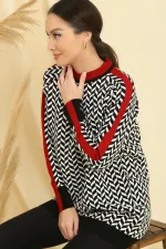 Zigzag Patterned Collar and Sleeve Stripes Comfortable Knit Tunic