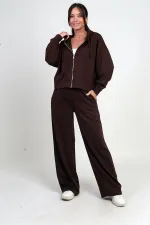 Ensemble Osyho 2 pièces pour femme : cardigan à capuche zippé, pantalon palazzo à poche et taille élastique