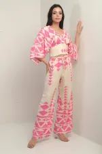 Kadın Ön Arka V Yaka Crop Bluz Beli Lastikli Cepli Palazzo Pantolon Üçgen Desen 2'li Takım