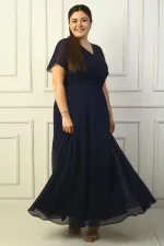 Kadın Kruvaze Yaka Önü Düğümlü Pulpayet Detaylı Astarlı Büyük Beden Uzun Şifon Elbise