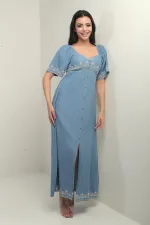 Women's Pentagon Neckline Button Detail Back Embroidered Long Denim Dress