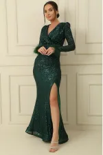 Double-breasted Collar, Feathered Sleeves, Lined, Side Slit, Draped, Sequined Long Dress