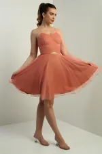 Women's Strappy Back Lace-up Front Openwork Lined Dahlia Organza Flared Short Dress