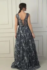 Robe de soirée longue pour femme, décolleté en V devant et dos, pli poitrine, laçage au dos, doublée, imprimé floqué pailleté