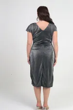 Women's Front Back V Neck Waist Stone Detail Lined Glittery Sandy Fabric Plus Size Midi Dress