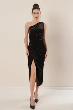 Tek Omuz Önü Büzgülü Kadife Elbise