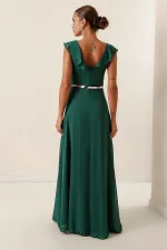 Long Chiffon Dress with Ruffled Neckline and Belt, and Slit