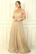 Strapless Lace-Up Back Lined Sequined Long Evening Dress