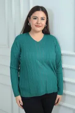 Women's V-Neck Front Stripe Stone Print Ribbed Plus Size Cold Yarn Knit Blouse
