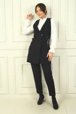 Women's Single Snap Zippered Pocket Long Vest Chiffon Shirt Elastic Waist Trousers 3-Piece Set