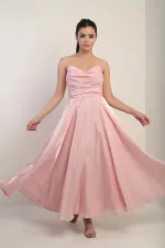 Women's V-Neck Strapless Lined Organza Satin Midi Dress