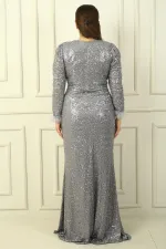 Kadın Önü Büzgülü V Yaka Kol Uçları Tüylü B.Beden Elbise