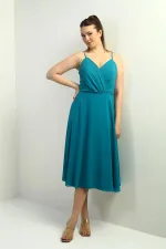 Women's Strappy Wrap Neckline Lined Lace-Up Back Flared Chiffon Dress