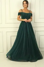 Robe longue à bretelles, manches basses, détails perlés, doublée et scintillante