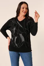 V-Neck Stone Printed Batwing Sleeve Plus Size Strawberry Blouse