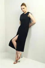 Kadın Kendinden Telalı Önü Yırtmaçlı Midi Elbise