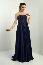 Kadın Straplez Astarlı Önü Balen Biyeli Cepli Kloş Uzun Saten Abiye Elbise