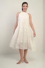 Women's Halter Neck Lace-Up Lined Embroidered Midi Dress