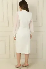 Kadın Kruvaze Yaka Kollar Şifon Boncuk Detaylı Büyük Beden Elbise